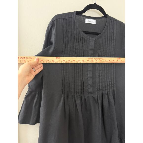 LJC 100% Linen‎ Lagenlook Resortwear Minimalist Pleat Ruffle Black Shirt Dress M - Picture 7 of 11
